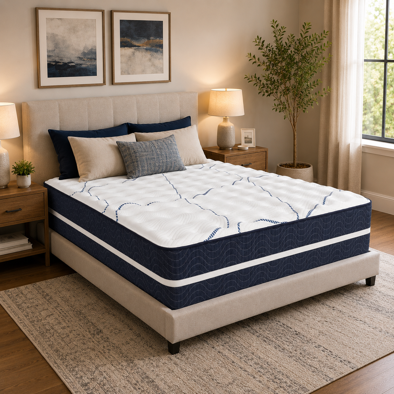 Bedroom with a neatly made bed featuring a blue and white mattress.